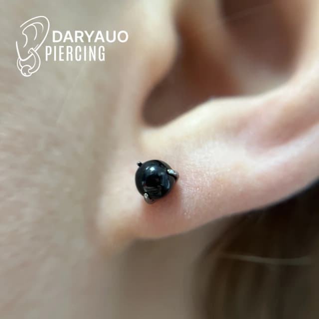 Symetryczne przekłucia płatków ucha z eleganckimi kolczykami.